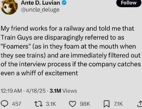 О. Luvian @uncle deluge My friend works for а railway and told me that Train Guys are disparagingly referred to as "Foamers" (as in they foam at the mouth when they see trains) and are immediately fil