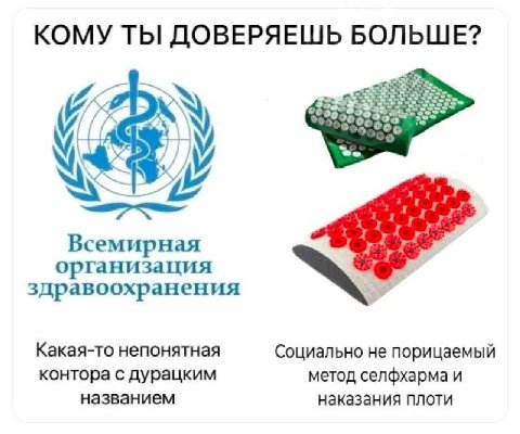 КОМУ ТЫ ДОВЕРЯЕШЬ БОЛЬШЕ? Всемирная организация здравоохранения Какая-то непонятная Социально не порицаемый контора с дурацким метод селфхарма и названием наказания плоти