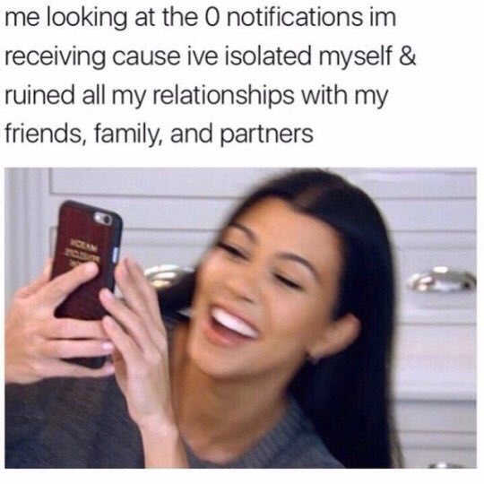 me looking at the notifications receiving cause ive isolated myself ruined all my relationships with my friends, family, and partners