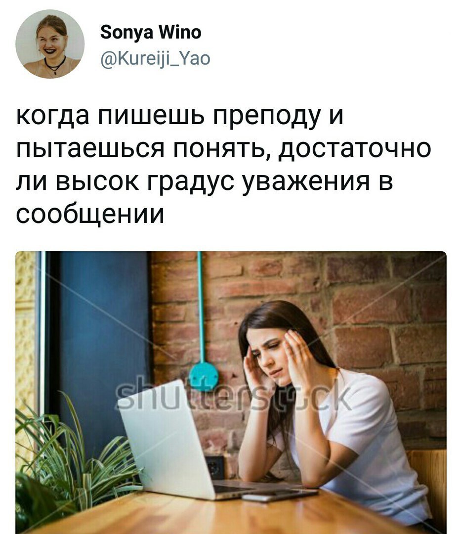 Sonya Wino 2 @kureiji_Yao когда пишешь преподу и пытаешься понять, достаточно ли высок градус уважения в сообщении we