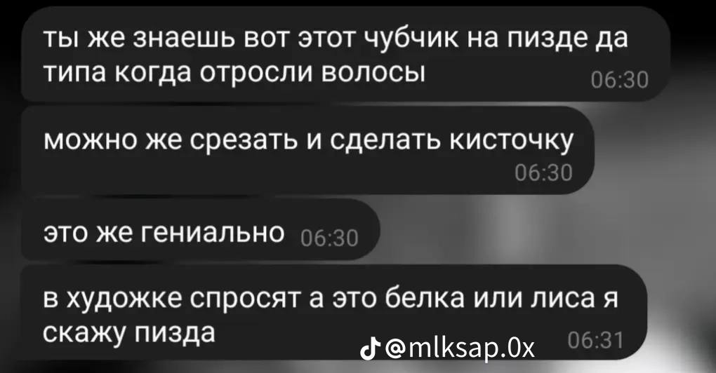 ты же знаешь вот этот чубчик на пизде да типа когда отросли волосы можно же срезать и сделать кисточку это же гениально в художке спросят а это белка или лиса я скажу пизда у A @mlksap.0x