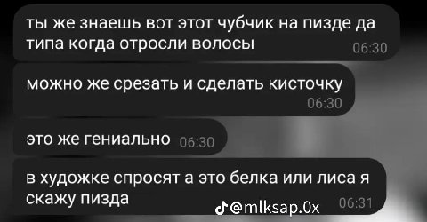 ты же знаешь вот этот чубчик на пизде да типа когда отросли волосы можно же срезать и сделать кисточку это же гениально в художке спросят а это белка или лиса я скажу пизда у A @mlksap.0x