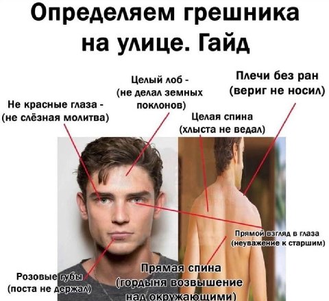 Определяем грешника на улице. Гайд Целый лоб Плечи без ран (не делал земных (вериг не носил) Не красные глаза поклонов) Целая спина (не слёзная молитва) (хлыста не ведал) Прямой взгляд в глаза (неуваж