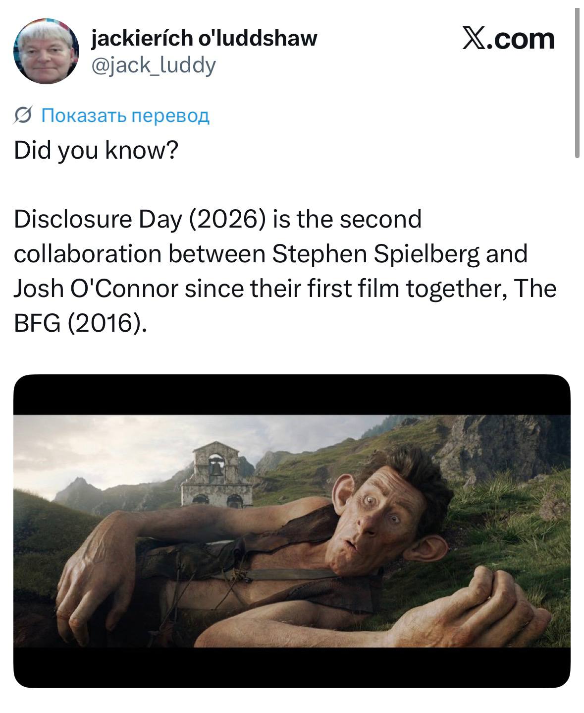 jackierich o'luddshaw X.com @jack_luddy Показать перевод Did you know? Disclosure Day (2026) is the second collaboration between Stephen Spielberg and Josh O'Connor since their first film together, Th