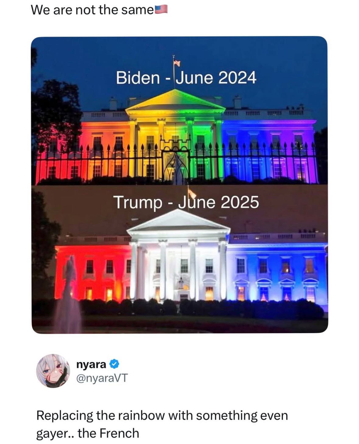 We are not the Biden Mans 2024 Trump JNine 2025 пуага @nyaraVT Replacing the rainbow with something even gayer.. the French