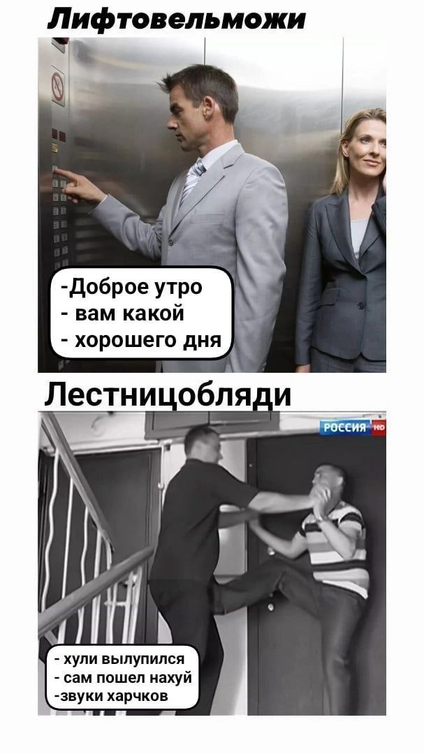 Лифтовельможи -Доброе утро вам какой хорошего дня Лестни обля но a a В хули вылупился сам пошел нахуй -звуки харчков