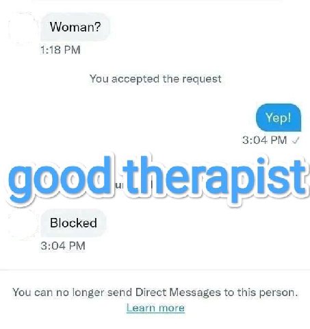Woman? 1:18 You accepted the request 3:04 d.th ist ood.therapist goo Blocked 3:04 You can no longer send Direct Messages to this person. Learn more
