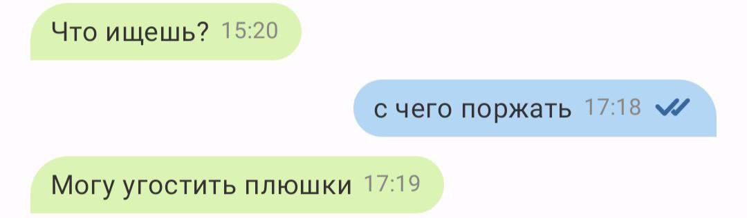 Что ищешь? 15:20 с чего поржать 17:18 Могу угостить плюшки 17:19