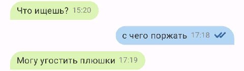 Что ищешь? 15:20 с чего поржать 17:18 Могу угостить плюшки 17:19