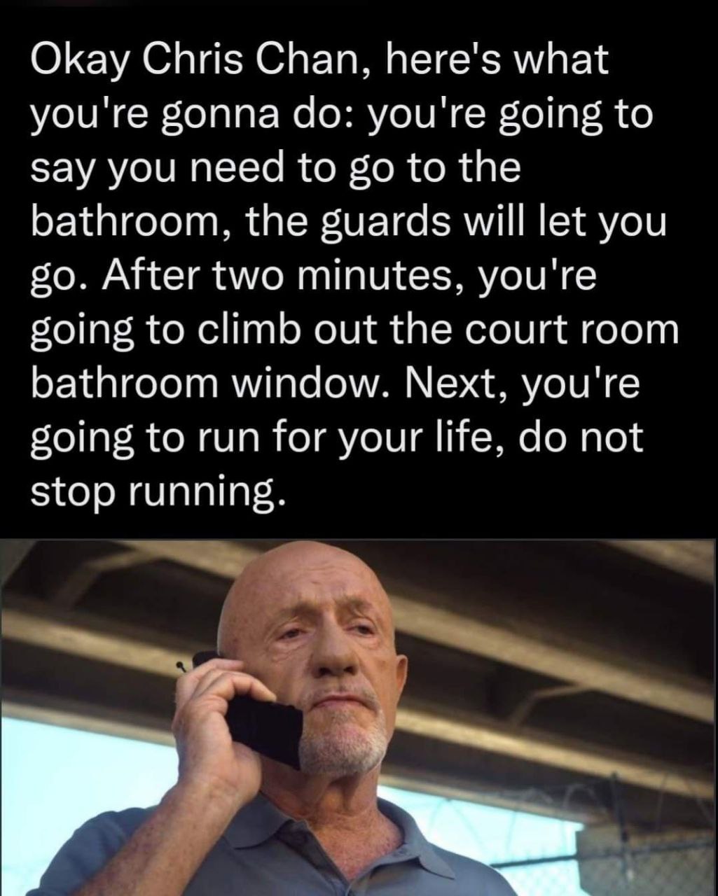 Okay Chris Chan, here's what you're gonna you're going to say you need to to the bathroom, the guards will let you After two minutes, you're going to climb out the court room bathroom window. Next, yo