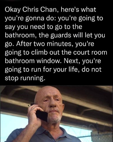 Okay Chris Chan, here's what you're gonna you're going to say you need to to the bathroom, the guards will let you After two minutes, you're going to climb out the court room bathroom window. Next, yo