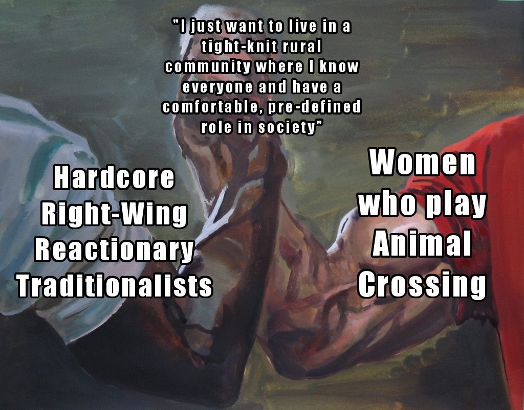 just want to live ina tight-knit rural community where I know everyone and have a comfortable, pre-defined role in Women Hardcore Right-Wing who play Reactionary Traditionalists Crossing