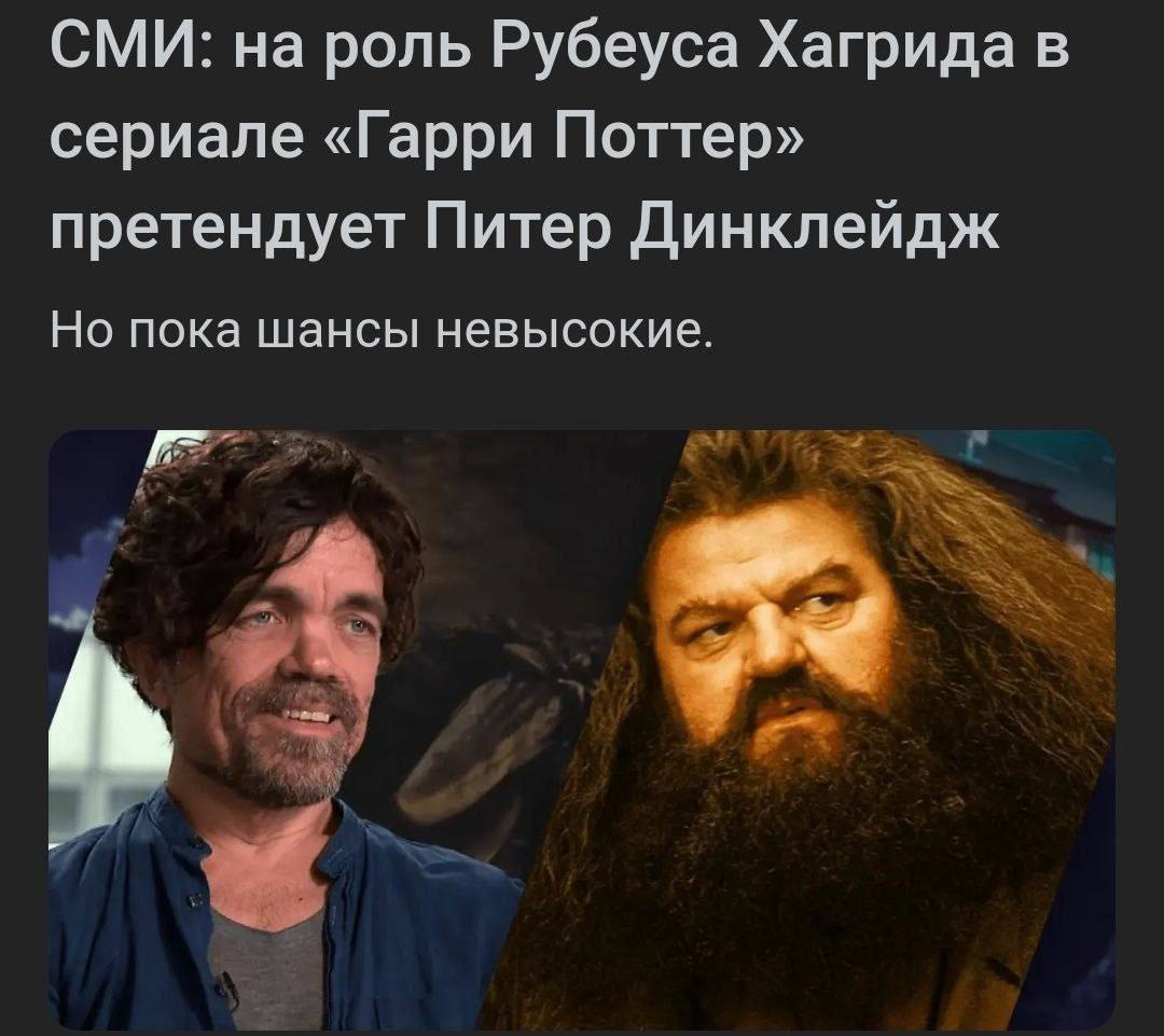 СМИ: на роль Рубеуса Хагрида в сериале «Гарри Поттер» претендует Питер Динклейдж Но пока шансы невысокие.