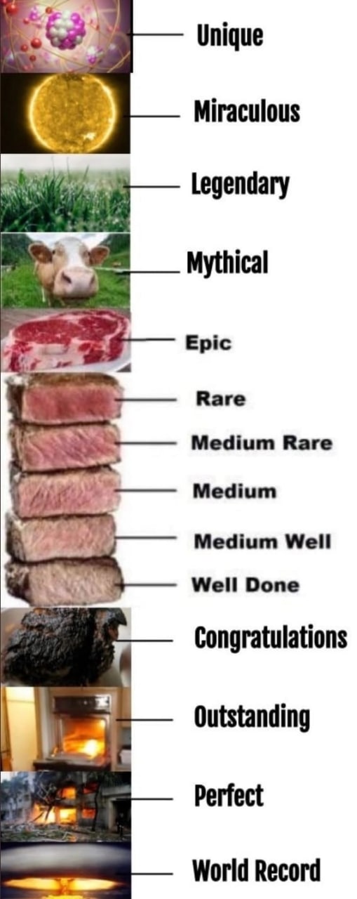 Unique Miraculous Legendary Mythical Epic a Ваге Medium Rare Medium Medium Well Well Done Congratulations Outstanding Perfect World Record