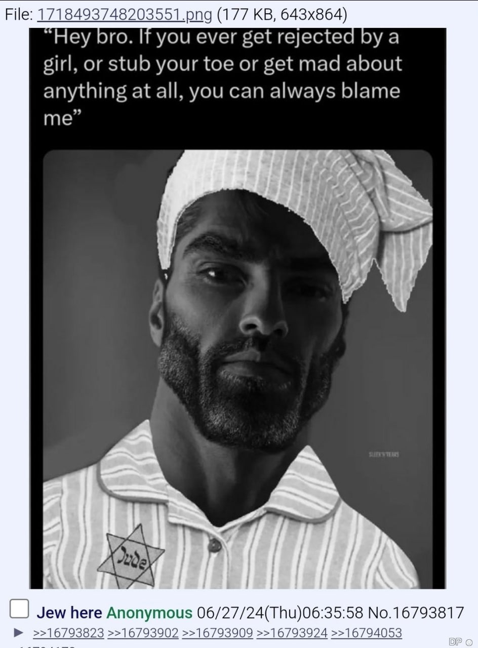 File: 1718493748203551.png (177 Hey bro. you ever get rejected a girl, or stub your toe or get mad about anything at all, you can always blame me Jew here Anonymous 06/27/24(Thu)06:35:58 No.16793817 >