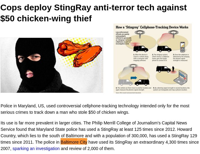 Cops deploy StingRay anti-terror tech against $50 chicken-wing thief Howa Works Police in Maryland, used controversial cellphone-tracking technology intended only for the most serious crimes to track 