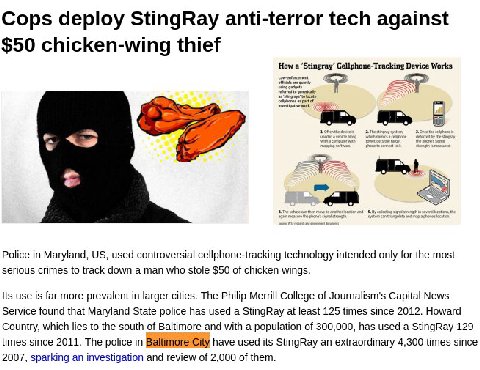 Cops deploy StingRay anti-terror tech against $50 chicken-wing thief Howa Works Police in Maryland, used controversial cellphone-tracking technology intended only for the most serious crimes to track 
