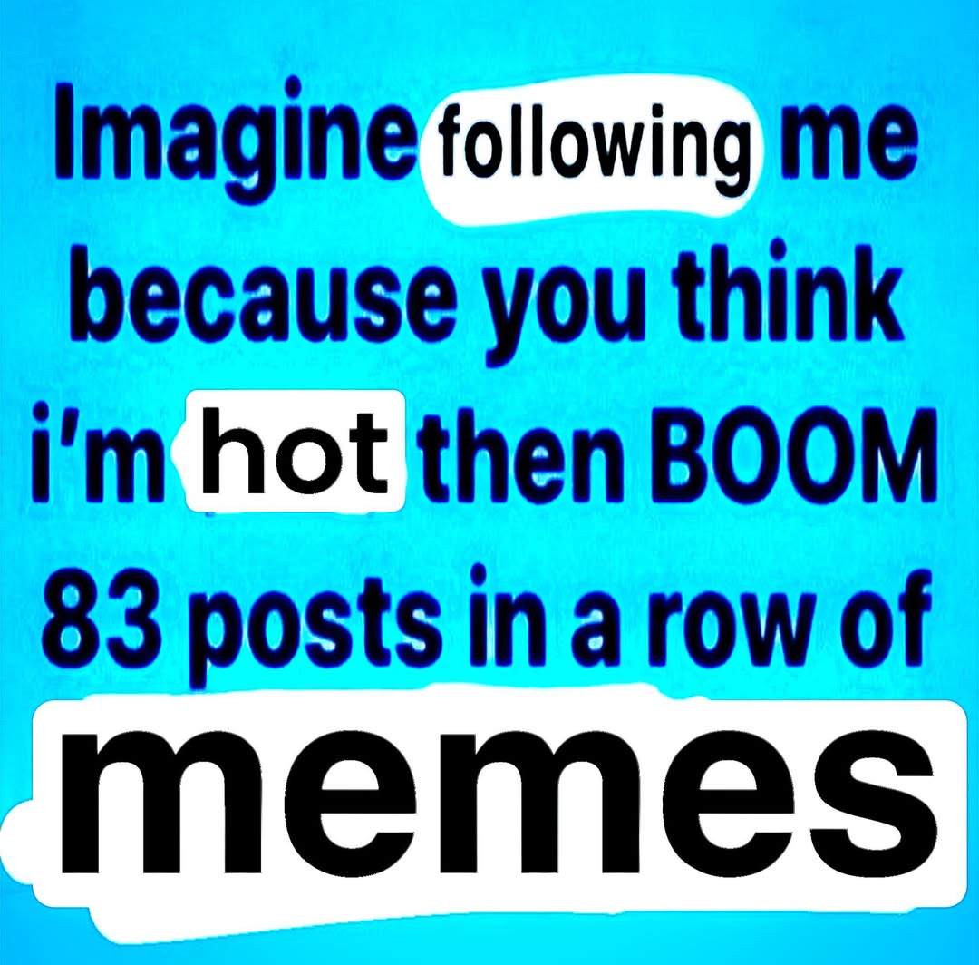 Imagine following me because you think hot then BOOM 83 posts in a row of memes