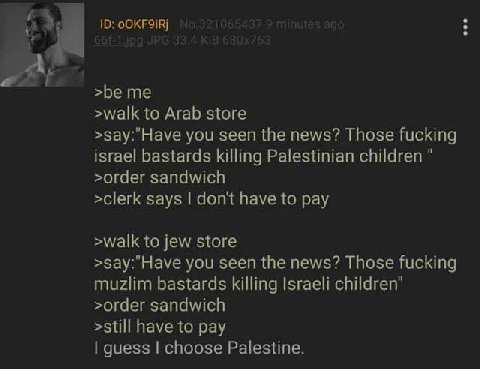 >be me >walk to Arab store >зау:"Науе you seen the news? Those fucking israel bastards killing Palestinian children >order sandwich >clerk says don't have to pay >walk to jew store >say:"Have you seen