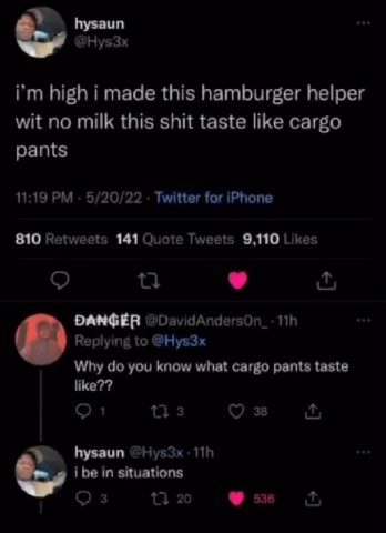 hysaun @Hys3x high i made this hamburger helper wit no milk this shit taste like cargo pants 11:19 5/20/22 Twitter for iPhone 810 Retweets 141 Quote Tweets 9,110 Likes DANGER Replying to @Hys3x Why yo