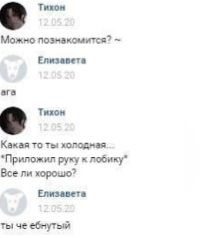Тихон Можно познакомится? Елизавета ага Тихон Какая то ты холодная. *Приложил руку к лобику* Все ли хорошо? Елизавета ты че ебнутый