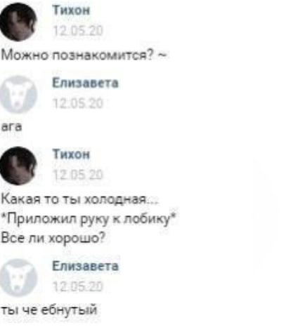 Тихон Можно познакомится? Елизавета ага Тихон Какая то ты холодная. *Приложил руку к лобику* Все ли хорошо? Елизавета ты че ебнутый