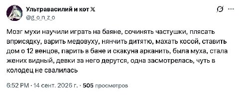 Ультравасилий и кот @gonzo Мозг мухи научили играть на баяне, сочинять частушки, плясать вприсядку, варить медовуху, нянчить дитятю, махать косой, ставить дом о 12 венцов, парить в бане и скакуна арка