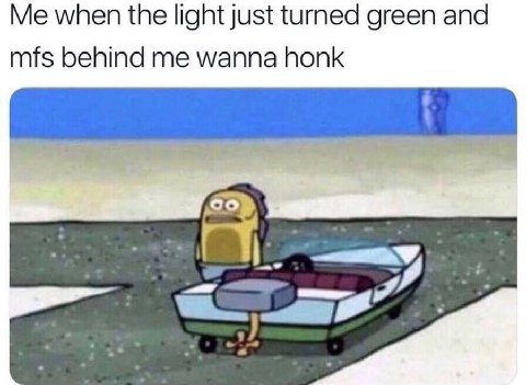 Me when the light just turned green and mfs behind me wanna honk