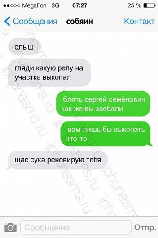 MegaFon 07:27 25 Сообщения собяин Контакт гляди какую репу на участке выкопал блять сергей семёнович как же вы заебали вам лишь бы выкопать что-то щас сука реновирую тебя [21 Отпр.