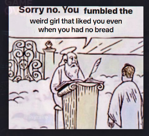 orry no. You fumbled the weird girl that liked you even when you had no bread ГАЗ 9)