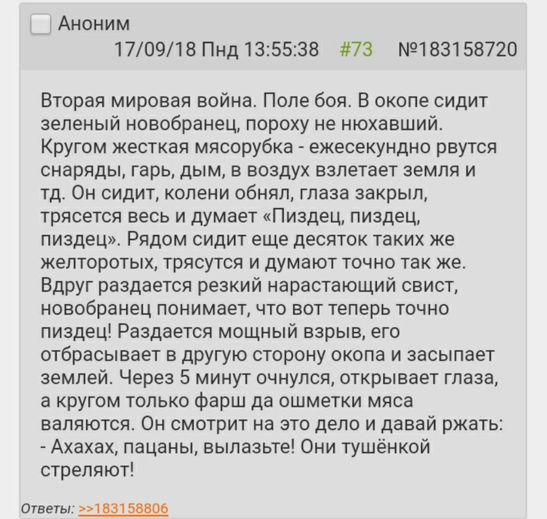 Аноним 17/09/18 Пнд 13:55:38 #73 №183158720 Вторая мировая война. Поле боя. В окопе сидит зеленый новобранец, пороху не нюхавший. Кругом жесткая мясорубка ежесекундно рвутся снаряды, гарь, дым, в возд