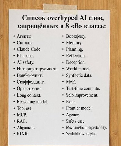 Список overhyped слов, запрещённых в 8 «В» классе: Агенты. Воркфлоу. Скиллы. Memory. Claude Code. Planning. Р/-агент. Reflection. safety. Deception. Интерпретируемость. World model. Вайб-кодинг. Synth