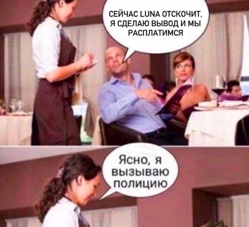 9 СЕЙЧАС LUNA ОТСКОЧИТ, Я СДЕЛАЮ ВЫВОД И МЫ РАСПЛАТИМСЯ у Ясно, A вызываю полицию a