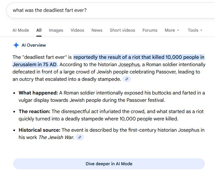 what was the deadliest fart ever? Mode All Images Videos News Short videos Forums More Tools Overview The “deadliest fart ever" is reportedly the result of a riot that killed 10,000 people in Jerusale