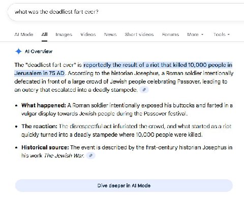 what was the deadliest fart ever? Mode All Images Videos News Short videos Forums More Tools Overview The “deadliest fart ever" is reportedly the result of a riot that killed 10,000 people in Jerusale