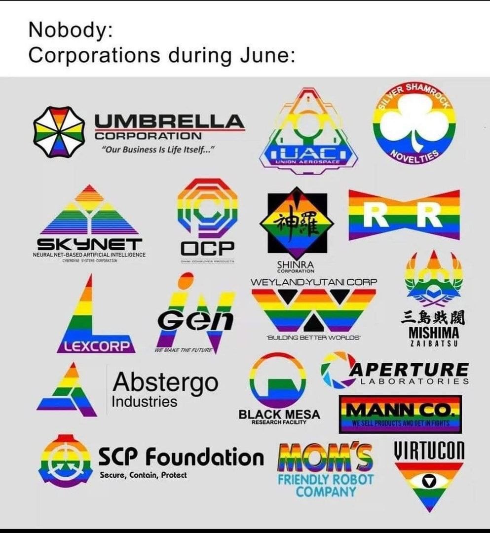 Nobody: Corporations during June: UMBRELLA CORPORATION “Our Business Is Life Itself...” (JES SHINRA 4 4 WEYLANDYUTANI CORP ЕЖЖИ APERTURE Abstergo LABORATORIES Industries SCP Foundation Secure, Contain
