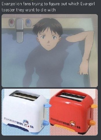 Evangelion fans trying to figure out which Eva-girl toaster they want to die with