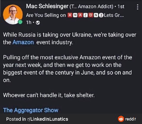 Мас Schlesinger Amazon Addict) Are You А While Russia is taking over Ukraine, we're taking over the event industry. Pulling off the most exclusive Amazon event of the year next week, and then we get t