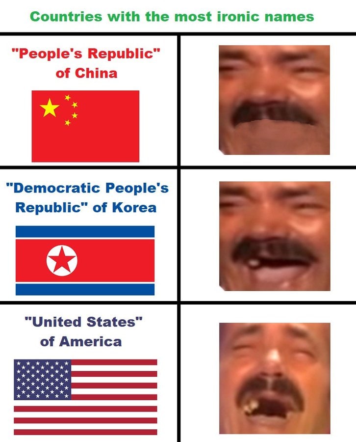 Countries with the most ironic names “People’s of China “Democratic People's of Korea “United States” of America KKK хххххх
