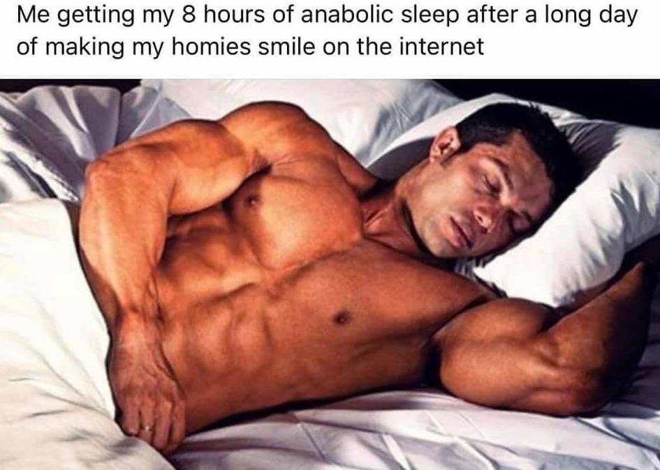 Me getting my 8 hours of anabolic sleep after a long day of making my homies smile on the internet