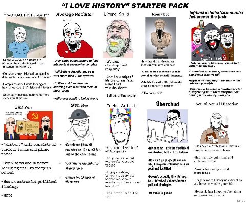 1 LOVE HISTORY” STARTER PACK Average Redditor Literal Child Romaboo leftist/Socialist/communist the fuck it я a a Fash в -Spent $80,000 on а degree in -Only cares about history to feed -Watches -Is ei