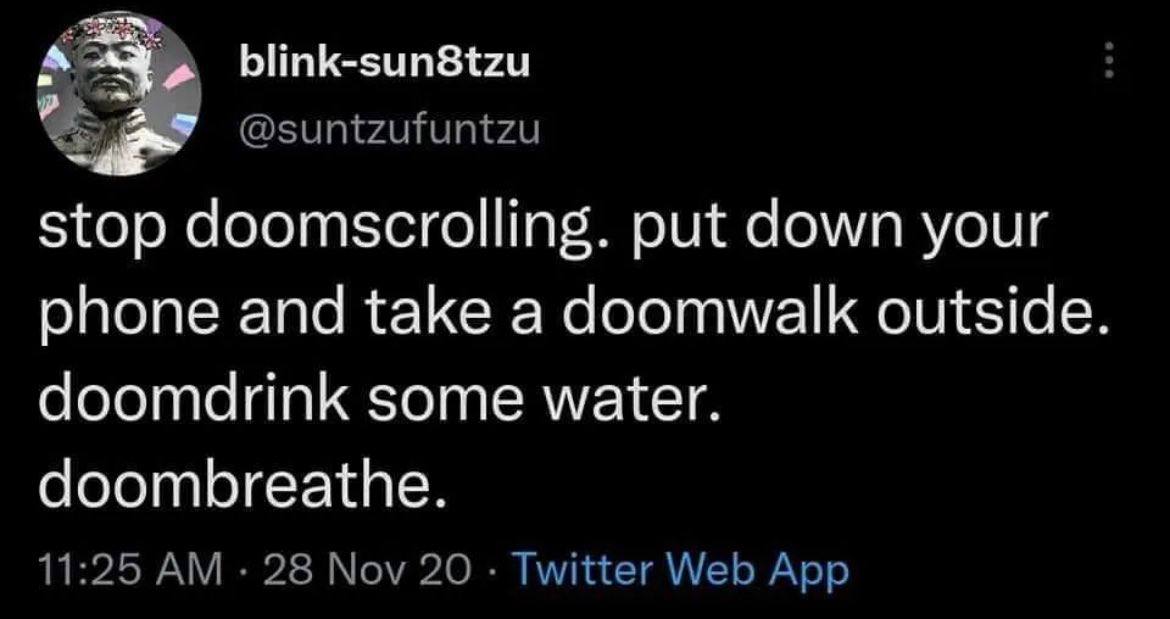 blink-sun8tzu @suntzufuntzu stop doomscrolling. put down your phone and take a doomwalk outside doomdrink some water doombreathe 11:25 28 Nov 20 Twitter Web App