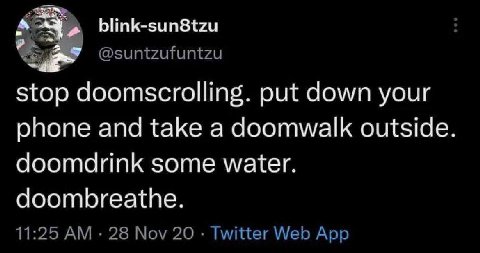 blink-sun8tzu @suntzufuntzu stop doomscrolling. put down your phone and take a doomwalk outside doomdrink some water doombreathe 11:25 28 Nov 20 Twitter Web App