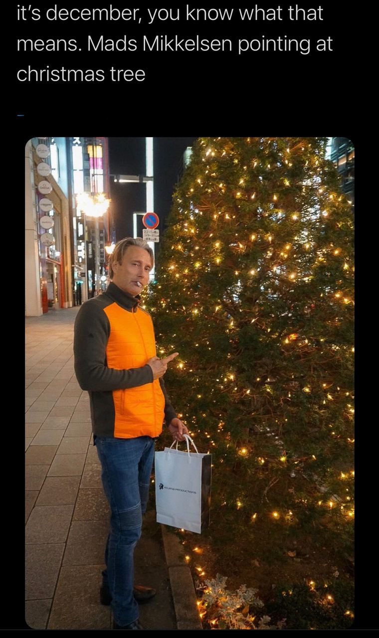 it's december, you know what that means. Mads Mikkelsen pointing at christmas tree 7