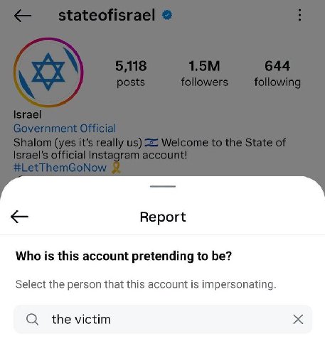 Report Who is this account pretending to be? Select the person that this account is impersonating О the victim