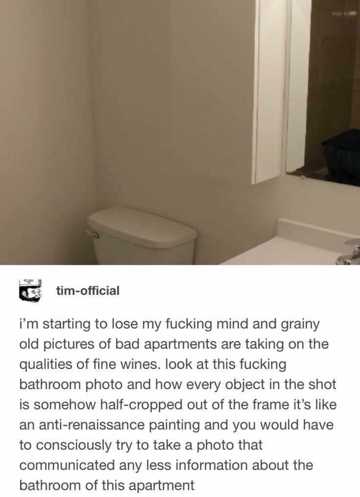tim-official starting to lose my fucking mind and grainy old pictures of bad apartments are taking on the qualities of fine wines. look at this fucking bathroom photo and how every object in the shot 