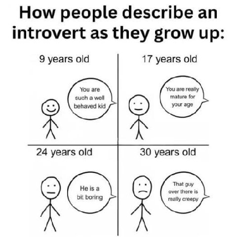 How people describe introvert as they grow up 9 years old 17 years old You are You are such а well mature for your age 24 years old 30 years old guy really creepy over there is 2