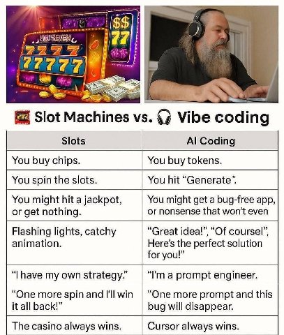 Slot Machines Vibe Slots Coding You buy chips. You buy tokens. You spin the slots. You hit “Generate”. You might hit a jackpot, You might get a bug-free app, or get nothing. or nonsense that won't eve