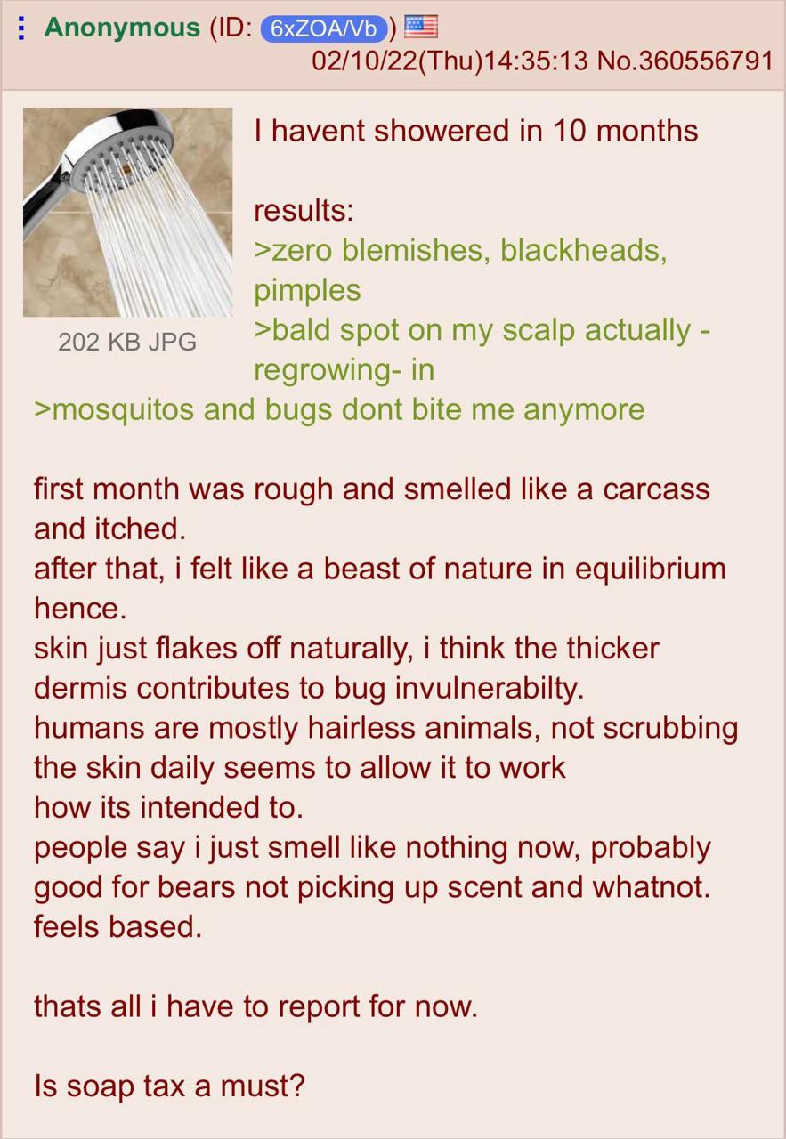Anonymous 02/10/22(Thu)14:35:13 No.360556791 havent showered in 10 months ААА results: >zero blemishes, blackheads, pimples 202 JPG >bald spot on my scalp actually regrowing- in >mosquitos and bugs do