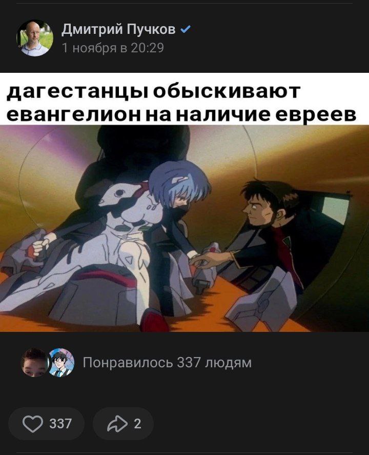 Дмитрий Пучков 1 ноября в 20:29 дагестанцы обыскивают евангелион наналичие евреев 7 Понравилось 337 людям 337
